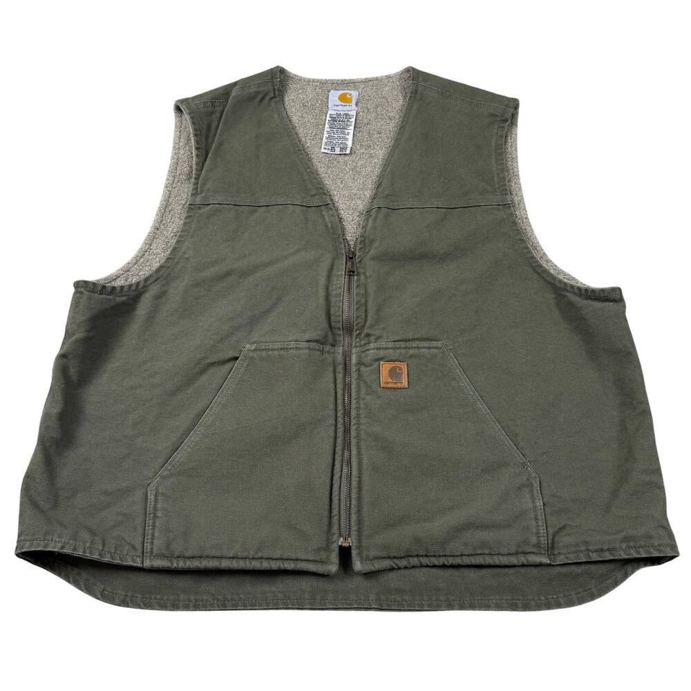 Vintage Y2K Carhartt Mens V26 LOV Green Canvas Full Zip Sherpa Lined Vest 2XL